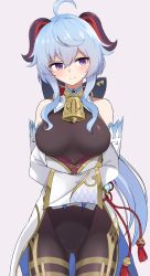 Rule 34 | 1girl, absurdres, ahoge, bare shoulders, bell, blue hair, blush, breasts, detached sleeves, ganyu (genshin impact), genshin impact, gold trim, highres, horns, large breasts, leotard, leotard under clothes, lifted by self, long hair, nanju bami, neck bell, purple eyes, sidelocks, smile, solo, standing, thigh gap, very long hair, vision (genshin impact), white sleeves