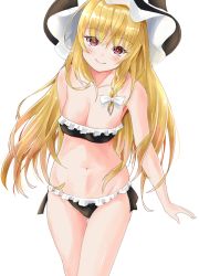 Rule 34 | 1girl, bare shoulders, bikini, blonde hair, blush, bow, braid, breasts, bright pupils, cleavage, closed mouth, commentary request, cowboy shot, frills, hair between eyes, hair bow, hair ribbon, hat, highres, kirisame marisa, large breasts, long hair, looking at viewer, purple eyes, ribbon, side braid, simple background, single braid, smile, solo, standing, swimsuit, touhou, tress ribbon, very long hair, white background, white bow, witch hat, yamabukiiro (browncat)