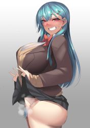 Rule 34 | 1girl, ass, blue hair, bow, bowtie, breasts, clenched teeth, clothes lift, empty eyes, female focus, female pubic hair, flashing, gradient background, jacket, kantai collection, ky., large breasts, looking at viewer, no panties, pubic hair, pussy, red eyes, skirt, skirt lift, smile, solo, steaming body, suit jacket, suzuya (kancolle), sweatdrop, teeth