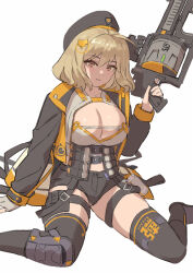 Rule 34 | 1girl, ahoge, anis (nikke), bandolier, beret, black hat, black jacket, black shorts, black thighhighs, breasts, brown eyes, brown hair, cleavage, closed mouth, crop top, fingerless gloves, frown, gloves, goddess of victory: nikke, grenade launcher, grey gloves, grey shirt, hair ornament, hat, highres, holding, holding weapon, jacket, large breasts, looking at viewer, multicolored clothes, multicolored jacket, orange jacket, shirt, short hair, short shorts, shorts, simple background, single glove, sitting, solo, thigh strap, thighhighs, two-tone jacket, weapon, yagi2013