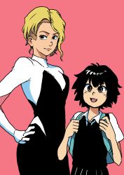 Rule 34 | 2girls, :3, :d, absurdres, asymmetrical hair, backpack, bag, black hair, black neckwear, black skirt, black vest, blonde hair, blue bag, bodysuit, brown eyes, chanta (ayatakaoisii), child, closed mouth, collared shirt, gwen stacy, height difference, highres, looking at viewer, marvel, multiple girls, necktie, open mouth, peni parker, pink background, pleated skirt, shirt, short hair, short sleeves, simple background, skirt, smile, spider-man: into the spider-verse, spider-man (series), spider-verse, standing, teeth, upper teeth only, vest, white shirt, wing collar
