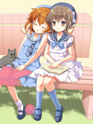 Rule 34 | 10s, 2girls, alternate costume, bench, book, brown eyes, brown hair, casual, cat, closed eyes, dress, folded ponytail, hat, highres, ikazuchi (kancolle), inazuma (kancolle), kantai collection, knitting, kumao mofumofu, leaning on person, leaning to the side, mary janes, multiple girls, park bench, sailor dress, shoes, short hair, side-by-side, sitting, sleeping, sleeping on person, smile