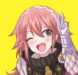 Rule 34 | 1girl, armor, fire emblem, fire emblem fates, gloves, long hair, nintendo, one eye closed, open mouth, pink hair, purple eyes, smile, soleil (fire emblem), solo, v, white gloves, yellow background