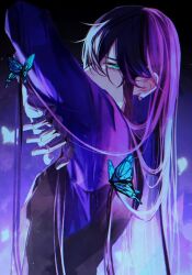 Rule 34 | 1boy, akuma shitsuji to kuroi neko, aqua eyes, black background, blue butterfly, boschi arenas, bug, butterfly, earrings, facing to the side, gloves, hair down, highres, insect, jewelry, long hair, looking at viewer, male focus, multicolored background, ohachi08, purple background, purple hair, solo, white gloves