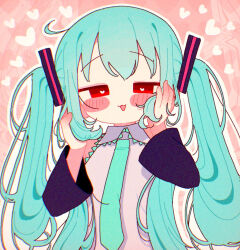 Rule 34 | 1girl, :3, alternate eye color, aqua hair, banananosongen, detached sleeves, grey shirt, hand in own hair, hand on own cheek, hand on own face, hatsune miku, heart, heart-shaped pupils, heart background, long hair, necktie, pink background, red eyes, shirt, solo, symbol-shaped pupils, twintails, very long hair, vocaloid
