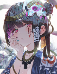 Rule 34 | 1girl, absurdres, arm support, black hair, hair bun, highres, jewelry, looking at viewer, mont blanca, necklace, original, portrait, red eyes, skull, solo