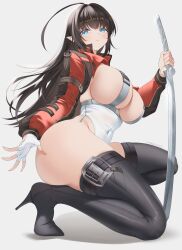 Rule 34 | 1girl, absurdres, ahoge, ass, black hair, black thighhighs, blue eyes, breasts, closed mouth, covered navel, gloves, high heels, highres, huge ass, katana, large breasts, long hair, original, pointy ears, simple background, sword, thick thighs, thighhighs, thighs, very long hair, weapon, white gloves, zzo (chorizzzzo)
