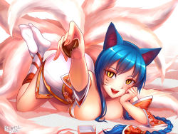 Rule 34 | 1girl, ahri (league of legends), alonsword, animal ears, arm support, blue hair, braid, breast press, breasts, candy, chan qi (fireworkhouse), chocolate, chocolate heart, detached sleeves, facial mark, fingernails, food, fox ears, fox tail, hand on own face, heart, korean clothes, large breasts, league of legends, long hair, multiple tails, no shoes, open mouth, smile, socks, solo, tail, valentine, whisker markings, white socks, yellow eyes