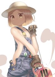 Rule 34 | 1girl, badge, bare shoulders, blonde hair, brown eyes, brown gloves, brown hat, button badge, chainsaw, child, closed mouth, collarbone, commentary request, fate/grand order, fate (series), flat chest, forehead, gloves, hat, highres, holding, looking at viewer, monosenbei, naked overalls, overalls, parted bangs, paul bunyan (fate), paul bunyan (third ascension) (fate), short hair, smiley face, solo, v-shaped eyebrows, white background