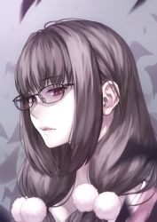 1girl bespectacled brown_hair ears_visible_through_hair fate/grand_order fate_(series) glasses grey_background highres long_hair looking_away osakabehime_(fate) parted_lips pom_pom_(clothes) puyo_(puyotopia) red_eyes solo