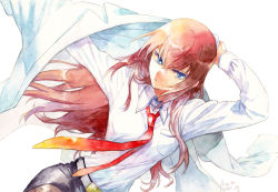 Rule 34 | 1girl, 2022, belt, black skirt, blue eyes, breast pocket, breasts, closed mouth, collared shirt, crossed bangs, dated, floating hair, jacket, long hair, long sleeves, looking at viewer, makise kurisu, necktie, painting (medium), pencil skirt, pocket, red hair, red necktie, rocni, serious, shirt, shirt tucked in, shorts, simple background, single sidelock, skirt, small breasts, solo, steins;gate, traditional media, watercolor (medium), white background, white jacket, white shirt, white shorts