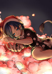 Rule 34 | 1girl, absurdres, blue eyes, blue hair, cloud, doremy sweet, dress, hat, highres, kourou (kouroukun), lying, nightcap, on side, outstretched hand, pink clouds, pom pom (clothes), short hair, smile, solo, tail, tapir tail, touhou