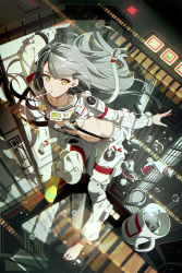 Rule 34 | 1girl, astronaut, bra, cup, earphones, floating, green eyes, grey bra, grey hair, highres, long hair, long sleeves, looking at viewer, midair, midriff, motoki (hisano motoki), mouth hold, mug, navel, original, outstretched arms, pants, revealing clothes, shrug (clothing), socks, solo, stomach, suspenders, toothbrush, toothpaste, underwear, zero gravity