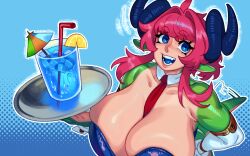 Rule 34 | 1girl, ahoge, between breasts, blue eyes, blue leotard, blue tongue, breasts, cleavage, colored skin, colored tongue, cup, dragon girl, dragon horns, dragon tail, drinking glass, drinking straw, eigaka, food, fruit, green skin, hair intakes, hand on own hip, holding, holding tray, horns, ice, ice cube, large breasts, lemon, lemon slice, leotard, lips, looking at viewer, monster girl, multicolored skin, necktie, necktie between breasts, nina (eigaka), open mouth, original, pink hair, pointy ears, red necktie, short hair, short hair with long locks, sidelocks, smile, solo, tail, teeth, tray, wrist cuffs