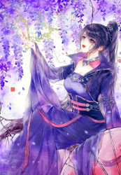 Rule 34 | 1girl, absurdres, arm up, brown hair, dress, flower, hair ornament, highres, hua jianghu zhi bei mo ting, long sleeves, looking up, open mouth, outstretched hand, plant roots, ponytail, purple dress, sash, si kongqi (hua jianghu zhi bei mo ting), si kongqi zhuye, solo, umbrella, upper body, wisteria
