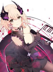 Rule 34 | 1girl, absurdres, azur lane, black dress, blonde hair, breasts, cleavage, dress, elbow gloves, gloves, hair between eyes, hair ornament, highres, hinaname, holding, holding microphone, instrument, keyboard (instrument), looking at viewer, looking up, microphone, multicolored hair, pantyhose, red hair, roon (azur lane), roon (muse) (azur lane), smile, streaked hair, yellow eyes