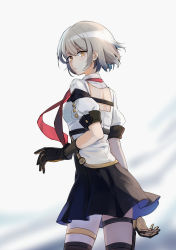 Rule 34 | 1girl, black gloves, black skirt, closed mouth, cowboy shot, girls&#039; frontline, gloves, high-waist skirt, highres, looking at viewer, looking back, miniskirt, pleated skirt, short hair, short sleeves, shoulder blades, silver hair, simple background, skirt, solo, standing, thigh strap, thighhighs, vector (girls&#039; frontline), white background, yellow eyes, yorktown cv-5, zettai ryouiki