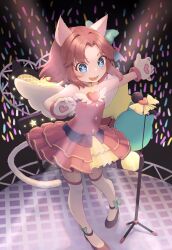 Rule 34 | 1girl, animal ears, animal hands, aqua eyes, black footwear, blue bow, blue bowtie, bow, bowtie, cat ears, cat paws, chenyunchen2001, dress, fang, glowstick, heart, highres, kneehighs, microphone, moneko (nyanko daisensou), nyanko daisensou, pink dress, pink hair, smile, socks, sparkling eyes, stage, stage lights, star (symbol), wings