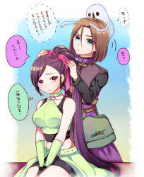Rule 34 | 1boy, 1girl, :o, beifunan, between legs, black shirt, black skirt, blue eyes, border, breasts, brown hair, choker, commentary request, dragon quest, dragon quest xi, ghost, gloves, green choker, green shirt, grey vest, hair between eyes, hair ribbon, hand between legs, hero (dq11), highres, large breasts, light smile, long hair, martina (dq11), o-ring, o-ring top, pants, parted bangs, pink ribbon, ponytail, pouch, purple eyes, purple hair, purple pants, ribbon, shirt, sitting, skirt, speech bubble, sweatdrop, thought bubble, translation request, very long hair, vest, waist cape, white border