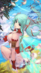 Rule 34 | 1girl, absurdres, aqua eyes, aqua hair, armlet, bare shoulders, bow, breasts, bridal gauntlets, cleavage, cloud, day, divine girls, fairy, hand to own mouth, highres, large breasts, long hair, looking at viewer, ocean, original, petals, pointy ears, qbspdl, sitting, sky, solo, wings