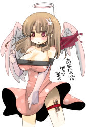 Rule 34 | 1girl, bad id, bad pixiv id, breasts, brown hair, cleavage, dress, elbow gloves, empty eyes, fake halo, food, gloves, hair ornament, halo, large breasts, long hair, original, pocky, pointing, polka dot, solo, strapless, strapless dress, thigh strap, wings, yukiji shia