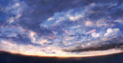 Rule 34 | blue theme, cloud, cloudy sky, fisheye, highres, horizon, no humans, original, sakimori (hououbds), scenery, sky, sunrise