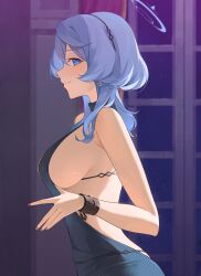 Rule 34 | 1girl, absurdres, ako (blue archive), ako (dress) (blue archive), blue archive, blue dress, blue eyes, blue hair, blush, breasts, cuffs, dress, fingerless gloves, gloves, halo, highres, large breasts, light smile, looking at viewer, nail polish, official alternate costume, profile, randouworks, shackles, sideboob, sideways glance, solo