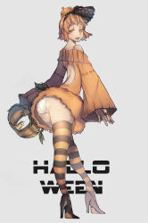 Rule 34 | 1girl, ass, back cutout, bad id, bad pixiv id, bare shoulders, clothing cutout, dress, from behind, full body, hairband, halloween, high heels, highres, honey bee (bancoth), jack-o&#039;-lantern, jewelry, looking back, matching hair/eyes, mole, mole under eye, off-shoulder dress, off shoulder, orange eyes, orange hair, orange shirt, orange thighhighs, original, panties, pantyshot, ring, shirt, short hair, sleeves past wrists, solo, standing, striped clothes, striped thighhighs, sweater, sweater dress, thighhighs, underwear, white panties, wide sleeves
