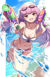Rule 34 | 1girl, ahoge, atelier (series), atelier lydie &amp; suelle, beach, bikini, blush, breasts, goggles, goggles on head, hands up, highres, holding, holding water gun, leg up, long hair, looking at viewer, navel, open mouth, outdoors, pink eyes, pink hair, sandals, small breasts, smile, solo, splashing, suelle marlen, swimsuit, water, water gun, yanu