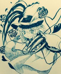 Rule 34 | 1girl, bow, claws, closed mouth, commentary request, efukei, flower, hair between eyes, hat, hat bow, heart, heart of string, koishi komeiji&#039;s heart-throbbing adventure, komeiji koishi, long sleeves, looking at viewer, monochrome, one-hour drawing challenge, rose, short hair, smile, solo, third eye, touhou, traditional media