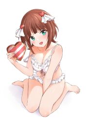 Rule 34 | 1girl, absurdres, amami haruka, b1ack illust, bare shoulders, barefoot, between legs, bikini, blush, box, breasts, brown hair, cleavage, collarbone, dot nose, frilled bikini, frills, from above, full body, green eyes, hair ornament, hand between legs, hand up, heart, heart-shaped box, heart hair ornament, highres, holding, holding box, idolmaster, idolmaster (classic), idolmaster million live!, idolmaster million live! theater days, looking at viewer, looking up, medium breasts, open mouth, short hair, simple background, sitting, smile, solo, strap slip, swimsuit, toes, wariza, white background, white bikini