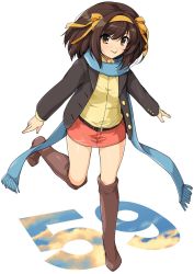 Rule 34 | 1girl, band, belt, blush, boots, brown eyes, brown footwear, brown hair, buttons, coat, commentary, full body, hairband, haruhisky, highres, knee boots, long sleeves, looking at viewer, miniskirt, scarf, shiny clothes, shiny skin, shirt, simple background, skirt, smile, solo, standing, standing on one leg, suzumiya haruhi, suzumiya haruhi no yuuutsu, tongue, tongue out, white background, winter clothes, winter coat