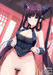 Rule 34 | 1girl, bad id, bad pixiv id, bare shoulders, black dress, blue eyes, blunt bangs, blush, breasts, censored, china dress, chinese clothes, cleavage, closed mouth, clothes lift, ddangbi, detached sleeves, dress, dress lift, fate/grand order, fate (series), hair ornament, large breasts, leaf hair ornament, lifting own clothes, long hair, looking at viewer, navel, no panties, purple hair, sidelocks, smile, solo, thighs, twintails, very long hair, yang guifei (fate), yang guifei (second ascension) (fate)