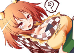 Rule 34 | 1girl, alternate breast size, apron, bell, breasts, checkered clothes, checkered kimono, checkered shirt, cleavage, gero zoukin, hair bell, hair ornament, japanese clothes, kimono, large breasts, motoori kosuzu, red eyes, shirt, short hair, simple background, solo, touhou, two side up, white background, yellow apron