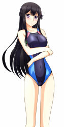 Rule 34 | 10s, 1girl, :|, bare shoulders, black hair, black one-piece swimsuit, blush, breast hold, breasts, buddy complex, closed mouth, clothes writing, competition swimsuit, covered navel, cowboy shot, crossed arms, hair ornament, hairclip, head tilt, highres, holding own arm, kenken, large breasts, long hair, looking at viewer, narrow waist, one-piece swimsuit, purple eyes, sidelocks, simple background, solo, standing, swimsuit, very long hair, voice actor connection, white background, yumihara hina