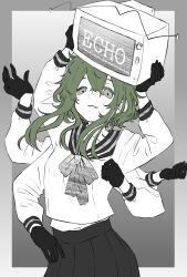 Rule 34 | 1girl, alternate eye color, crt, echo (vocaloid), extra arms, gloves, green hair, grey eyes, gumi, hair between eyes, highres, holding television, looking at viewer, monochrome, parted lips, pleated skirt, ruto ruuuu, school uniform, serafuku, short hair, skirt, solo, song name, spot color, static, tareme, vocaloid