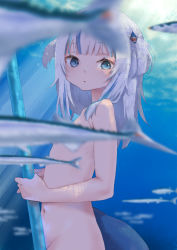 Rule 34 | 1girl, blue eyes, blue hair, blush, breasts, convenient censoring, fins, fish, fish censor, fish tail, gawr gura, hair ornament, highres, hololive, hololive english, light beam, looking at viewer, multicolored hair, navel, nude, ocean, polearm, shark girl, shark hair ornament, shark tail, small breasts, tail, trident, uka (uka2nimo), underwater, virtual youtuber, weapon, white hair