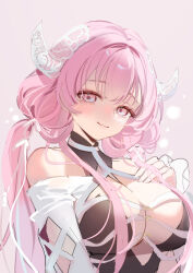 Rule 34 | 1girl, absurdres, breasts, cleavage, hair intakes, hand on own chest, highres, horns, large breasts, long hair, low twintails, melonyx, pink eyes, pink hair, ririna (vtuber), ruiuncle, smile, solo, twintails, virtual youtuber, white horns
