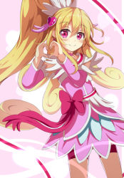 Rule 34 | 1girl, aida mana, blonde hair, blush, bow, closed mouth, commentary request, cure heart, detached sleeves, dokidoki! precure, dress, hair between eyes, hair ornament, hands up, heart, heart hair ornament, heart hands, high ponytail, long hair, long sleeves, pink background, pink dress, pink sleeves, ponytail, precure, purple eyes, red bow, smile, solo, standing, tsuyukina fuzuki, very long hair