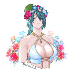 Rule 34 | 1girl, bare shoulders, bikini, bottomless, braid, braided ponytail, breasts, cleavage, criss-cross halter, crown, eyebrows hidden by hair, fire emblem, fire emblem heroes, flower, flower wreath, green hair, halterneck, large breasts, lips, looking at viewer, low ponytail, meziosaur, muscular, muscular arms, muscular female, nintendo, official alternate costume, parted lips, plumeria, ponytail, portrait, seashell, shell, simple background, solo, starfish, swimsuit, tassel, teeth, thorr (fire emblem), thorr (summer) (fire emblem), tiara, triceps, upper body, v-shaped eyebrows, watermark, white background, white bikini, yellow eyes