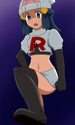 Rule 34 | 1girl, bad id, bad pixiv id, black thighhighs, blue eyes, blue hair, clothes pull, cosplay, creatures (company), crop top, dawn (pokemon), game freak, kuro hopper, long hair, looking at viewer, matching hair/eyes, midriff, miniskirt, navel, nintendo, no panties, pokemon, pokemon (anime), pokemon dppt (anime), skirt, skirt pull, solo, team rocket, team rocket (cosplay), thighhighs, tongue, tongue out