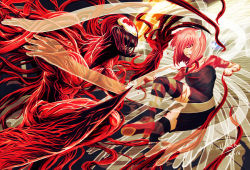 Rule 34 | 1boy, 1girl, angry, battle, blood, breasts, carnage (marvel), clash, claws, crossover, death battle, elfen lied, fahad-naeem, fighting, grin, horns, klyntar, lucy (elfen lied), marvel, mask, open mouth, pink eyes, pink hair, red eyes, sharp teeth, short hair, smile, spider-man (series), symbiote, teeth, tentacles, vectors