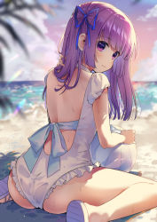 Rule 34 | 1girl, aikatsu!, aikatsu! (series), ass, back, backless outfit, ball, bare legs, beach, beachball, blunt bangs, closed mouth, cloud, geshumaro, hair ribbon, hand in own hair, highres, hikami sumire, looking at viewer, looking back, ocean, one-piece swimsuit, palm tree, purple eyes, purple hair, ribbon, sand, sandals, sidelocks, signature, sitting, sky, smile, solo, sunset, swimsuit, thighs, tree, wariza, water, wet, white one-piece swimsuit