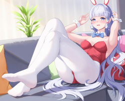 Rule 34 | 1girl, absurdres, animal ears, armpits, ayaka (genshin impact), blue bow, blue bowtie, blue eyes, blunt bangs, blunt tresses, bow, bowtie, couch, detached collar, fake animal ears, feet, genshin impact, grey hair, highres, indoors, leotard, long hair, lwisr, medium hair, pantyhose, plant, playboy bunny, rabbit ears, red leotard, sitting, solo, strapless, strapless leotard, white pantyhose, wrist cuffs