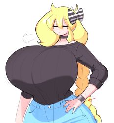 Rule 34 | 1girl, ahoge, arrow (symbol), asymmetrical hair, black bracelet, black choker, black ribbon, black sweater, blonde hair, bracelet, breasts, breath, cassie (theycallhimcake), chestnut mouth, choker, closed eyes, cowboy shot, curvy, fingernails, gigantic breasts, hair between eyes, hair ribbon, hand on own hip, highres, jewelry, long fingernails, long hair, long sleeves, pants, ribbon, ribbon trim, shadow, solo, standing, sweater, tagme, taut clothes, taut sweater, theycallhimcake, two-tone ribbon, white background, white ribbon, wide hips