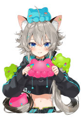 Rule 34 | 1girl, animal ear fluff, animal ears, artist name, belt, blue eyes, blue nails, blush, breasts, cat ears, ear piercing, gotou (nekocat), grey hair, holding, holding toy, licking lips, light blush, long hair, long sleeves, low twintails, midriff, nail polish, navel, original, piercing, small breasts, solo, tongue, tongue out, toy, twintails, upper body, white background