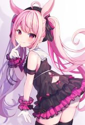 Rule 34 | 1girl, ahoge, animal ears, ass, bare shoulders, black dress, black thighhighs, blush, closed mouth, commentary request, dress, finger to mouth, from side, gloves, hand up, highres, lace trim, leaning forward, long hair, momoirone, no panties, pink hair, rabbit ears, red eyes, short eyebrows, sleeveless, sleeveless dress, smile, solo, thick eyebrows, thighhighs, tomari mari, tomari mari channel, twintails, very long hair, virtual youtuber, white gloves