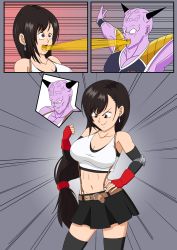 Rule 34 | 1girl, abs, absurdres, armor, bare shoulders, belt, body switch, breasts, brown eyes, brown hair, captain ginyu, cleavage, colored skin, comic, crossover, dragon ball, dragonball z, earrings, female focus, final fantasy, final fantasy vii, ginyu1992, gloves, highres, horns, jewelry, long hair, navel, personality switch, purple skin, red gloves, skirt, tagme, tank top, thighhighs, tifa lockhart, white tank top