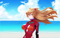 Rule 34 | 1girl, 2022, absurdres, alternate breast size, artist request, blue eyes, blue sky, bodysuit, breasts, brown hair, evangelion: 3.0+1.0 thrice upon a time, floating, hairpods, highres, interface headset, large breasts, lips, long hair, neon genesis evangelion, ocean, pilot suit, plugsuit, rebuild of evangelion, red bodysuit, simple background, sky, solo, souryuu asuka langley, torn clothes, water, wide hips