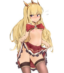 Rule 34 | 10s, 1girl, blonde hair, blush, bow, breasts, cagliostro (granblue fantasy), clothes lift, crown, flying sweatdrops, granblue fantasy, highres, lifted by self, long hair, muoto, nipples, purple eyes, pussy, simple background, skirt, skirt lift, small breasts, smile, solo, thighhighs, uncensored
